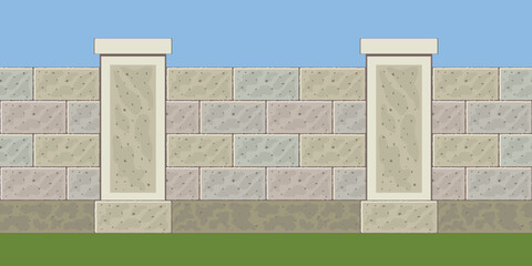 Seamless pattern of stone blocks: fence, gate. Vector illustration.