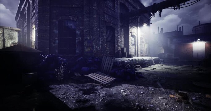In a dimly lit alleyway, remnants of a forgotten urban landscape lay scattered amidst shadows and mist. Broken pallets and debris hint at stories long lost in time.