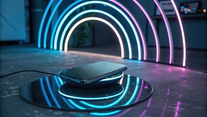 Obraz premium A modern smartphone sits on a wireless charging pad, illuminated by futuristic neon arcs in a stylish cyberpunk setup.