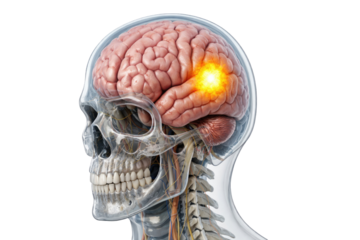 Human skull anatomy with transparent head revealing detailed brain structure and glowing focal area isolated on white background