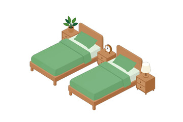 Two beds with nightstands and decor isolated