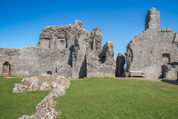 The inner courtyard of the ruins of Carreg Cennen Castle sited on a high rocky outcrop in Carmarthenshire, Wales