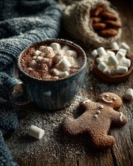 Festive Winter Flat Lay with Gingerbread and Hot Chocolate