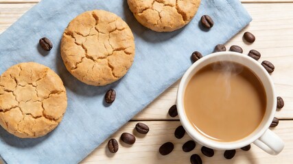 Coffee-Flavored Cookies with Hot Coffee on Wooden Background