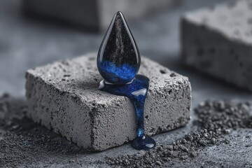 Shiny Blue and Black Viscous Fluid Dripping Over Gray Square Stone Under Studio Lighting on Gray Background