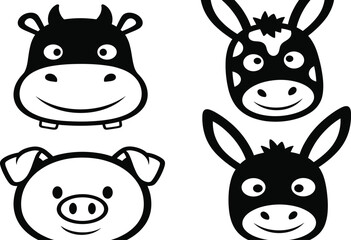 Obraz premium Collection of cute farm animal face icons featuring a smiling cow pig and donkey silhouettes for nursery decor and children graphic design.