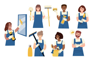Fototapeta premium Cartoon cleaning company staff in uniforms set. Vector illustration isolated. Office and home workers for housework design. Cartoon woman and men in different ethnicity with cleaning tools.