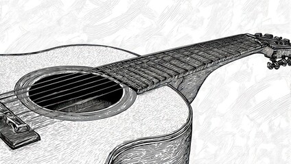 Close-up sketch of an acoustic guitar fretboard and soundhole.