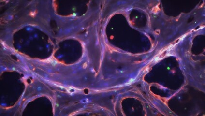 Vibrant fluorescent micrograph of a porous biological tissue network.