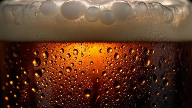 Close-up of amber beer with froth and bubbles on a glass surface.