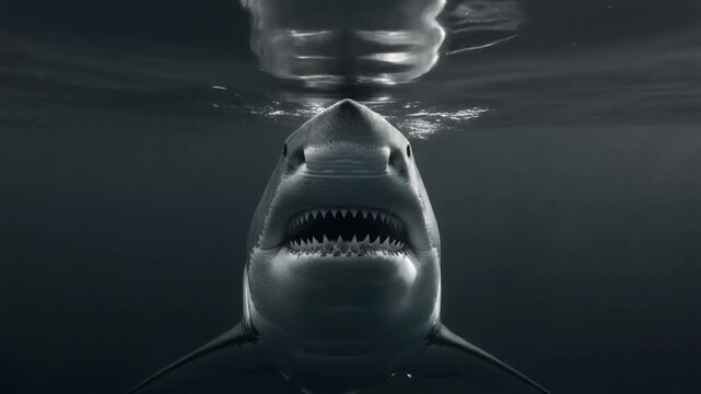 Underwater Great White Shark Approaching from Below with Open Jaws.