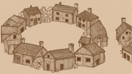 Charming illustration of a circular village with quaint houses and trees.