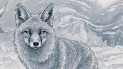 Arctic Fox in Snowy Mountain Landscape Portrait.