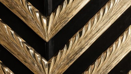 Golden Chevron Pattern on Black Background with Intricate Leaf-like Details.