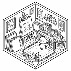 Isometric coloring page of cute bear artist painting in art studio room