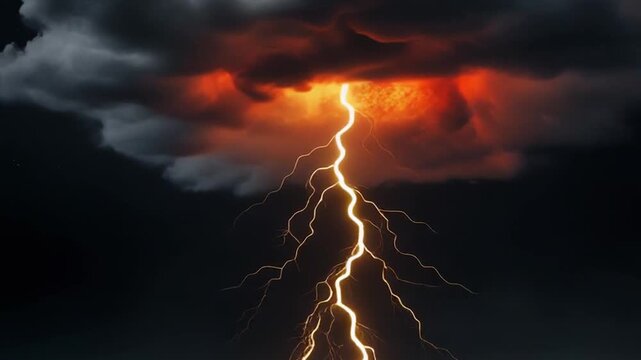 Lightning Bolt Piercing Stormy Skies Over a Sunset with Dramatic Glow.