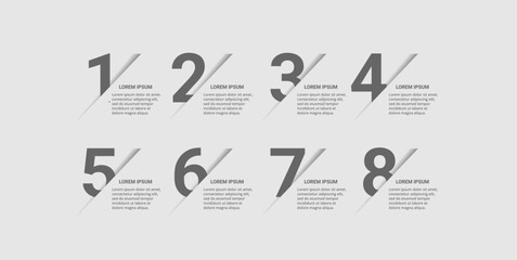 Numbered list template with eight steps and placeholder text for infographics and presentations.