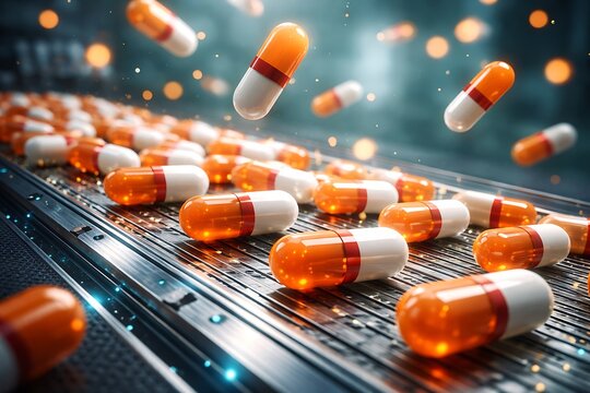 Pharmaceutical Production of Orange and White Medical Capsules on Conveyor Belt