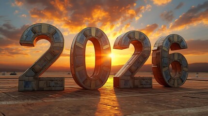 A vibrant and colorful display of the year 2026 set against a stunning sunset backdrop. The large, metallic numbers stand prominently on a sandy beach, reflecting the warm hues of the setting sun. The