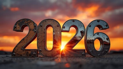 A stunning image of the year 2026 prominently displayed against a vibrant sunset. The numbers are metallic and reflective, capturing the warm hues of the setting sun. The sky is painted with shades of
