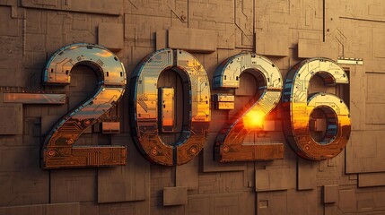This image features a stylized representation of the year 2026, prominently displayed against a textured background. The numbers are designed with intricate patterns and illuminated from within, creat