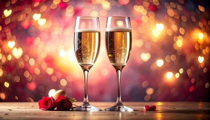 Romantic image features two champagne flutes, rose petals, roses, and a bokeh background of heart-shaped lights