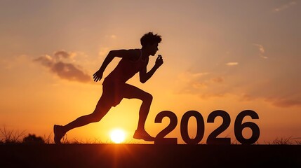 A dynamic silhouette of a runner is captured mid-stride against a vibrant sunset. The year '2026' is prominently displayed at the bottom, suggesting a futuristic or aspirational theme. The runner's de