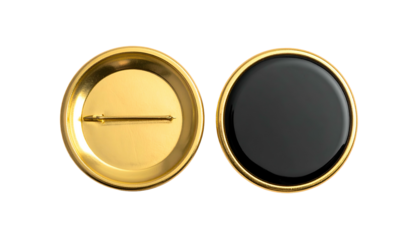Two circular badges one golden back with pin, other shiny black front with gold rim