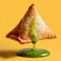 Samosa Dripping Green Chutney on Vibrant Yellow Background, Studio Shot