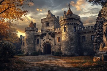 Majestic stone castle with spires surrounded by autumn foliage at sunset