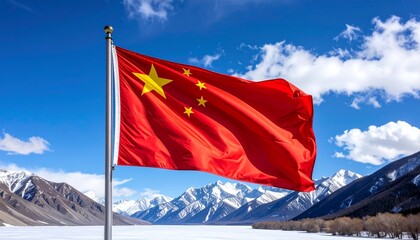 China National Flag – Red Banner with Yellow Stars Flying Against Snow-Capped Mountains and Blue Sky