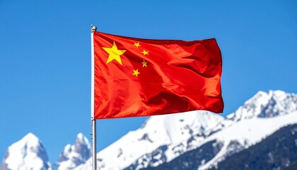 China National Flag &ndash; Red Banner with Yellow Stars Flying Against Snow-Capped Mountains and Blue Sky