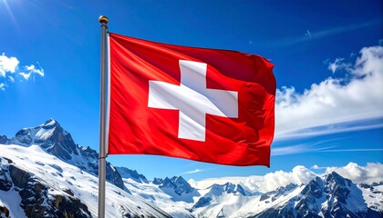 Swiss national flag with red field and central white cross flying in snowy mountain landscape