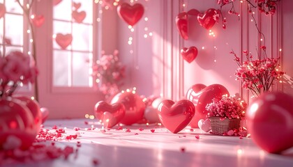 A charming, soft-lit room decorated with red heart-shaped balloons, flowers, and scattered rose petals, celebrating love