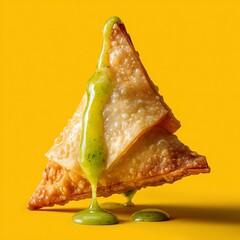 Indian Samosa Drizzled with Green Chutney on Bright Yellow Background
