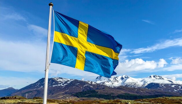 Swedish national flag with blue field and yellow Scandinavian cross flying on flagpole in snowy mountain landscape - Powered by Adobe