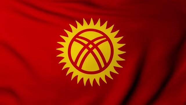 Ultra-realistic full-screen view of the Kyrgyz National Flag (5:3 ratio) slowly billowing on a flagpole, cinematic 4K render.