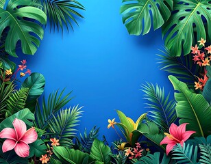 Tropical foliage arrangement, vibrant colors, blue backdrop, lush greenery