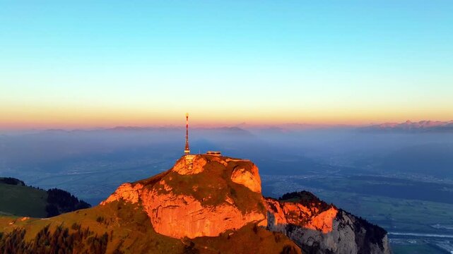 Aerial sunset view of Hoher Kasten in summer with warm evening light