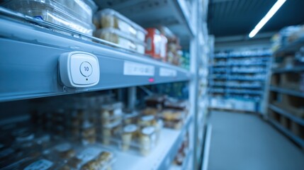 Medium shot focusing on a temperature sensor embedded in shelving capturing realtime climate data to maintain ideal product conditions and save energy.