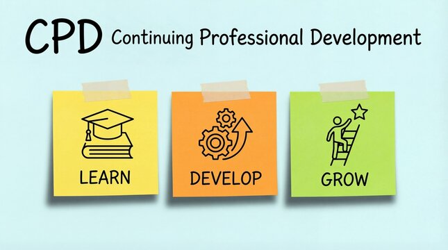 Continuing professional development program framework illustrating learn develop and grow phases for career advancement and competency building in workplace training - Powered by Adobe
