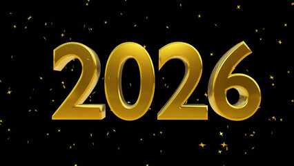 3D Golden 2026 New Year Text with Falling Star Particles on Black Background۔
High quality 3D render of the year 2026 in metallic gold۔