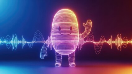 Luminous wireframe mascot radiates joy amidst energetic sound wave visualizations on a vibrant