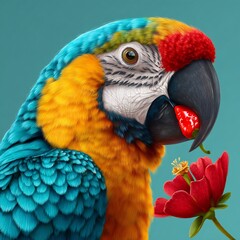 Vibrant Macaw Parrot Holding Red Berry Near Red Flower Close-up Digital Art