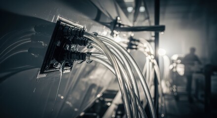 Detailed shot of resin hoses connected to the superyacht hull within the infusion bay highlighting the controlled flow of composite materials.