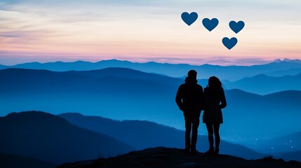 Romantic couple silhouette mountain view with hearts at sunset love and relationship concept image design