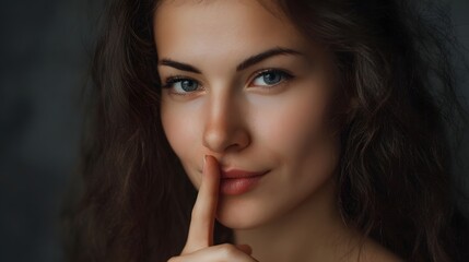 Naklejka premium A woman makes a shushing gesture placing her finger to her lips in a portrait of quiet int y and subtle mystery