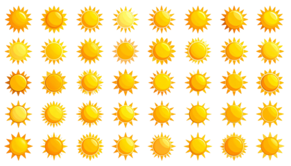 A collection of stylized, yellow sun icons arranged in a grid against a black background