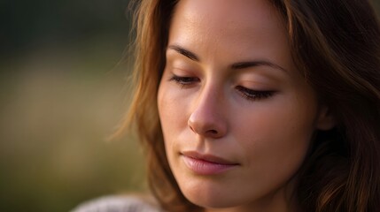 Fototapeta premium Close up portrait of a woman with closed eyes in soft morning light conveying a peaceful contemplative mood