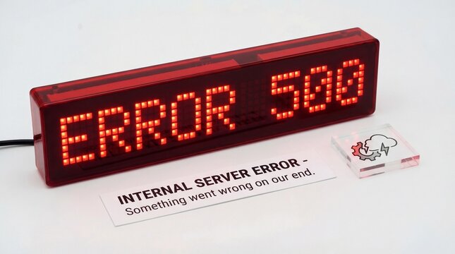 Internal server error 500 message displayed on digital LED screen indicating technical failure and system malfunction requiring troubleshooting and resolution